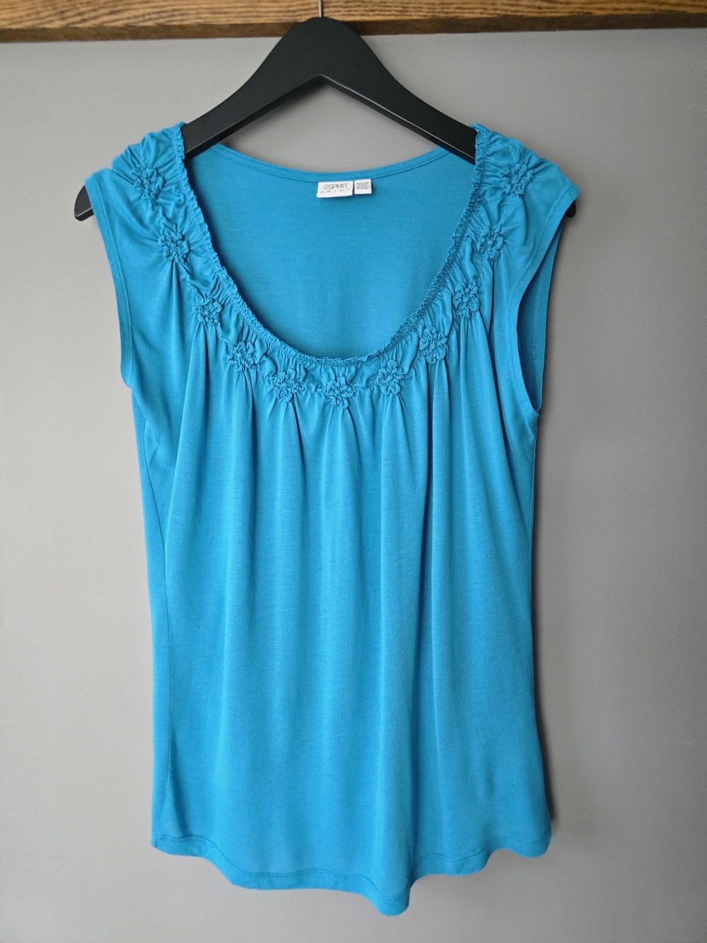 Esprit Turquoise Sleeveless Tank Top with Detailed Ruffle & Ruched Scoop Neck